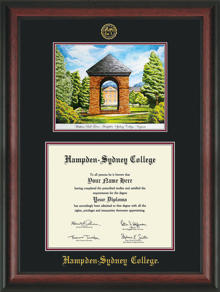 Image of Hampden-Sydney College Diploma Frame - Rosewood - w/Embossed HSC Seal & Name - Watercolor - Black on Maroon mat