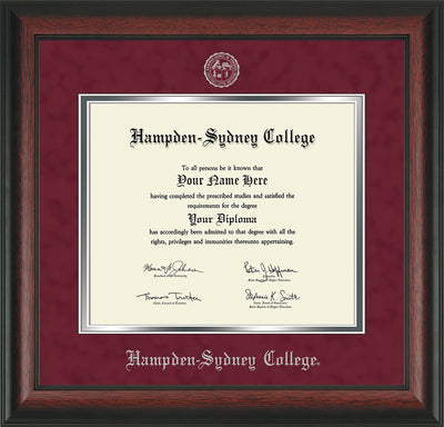 Image of Hampden-Sydney College Diploma Frame - Rosewood - w/Embossed HSC Seal & Name - Maroon Suede on Silver mat