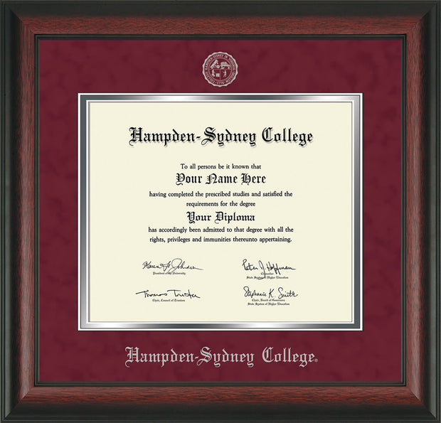 Image of Hampden-Sydney College Diploma Frame - Rosewood - w/Embossed HSC Seal & Name - Maroon Suede on Silver mat