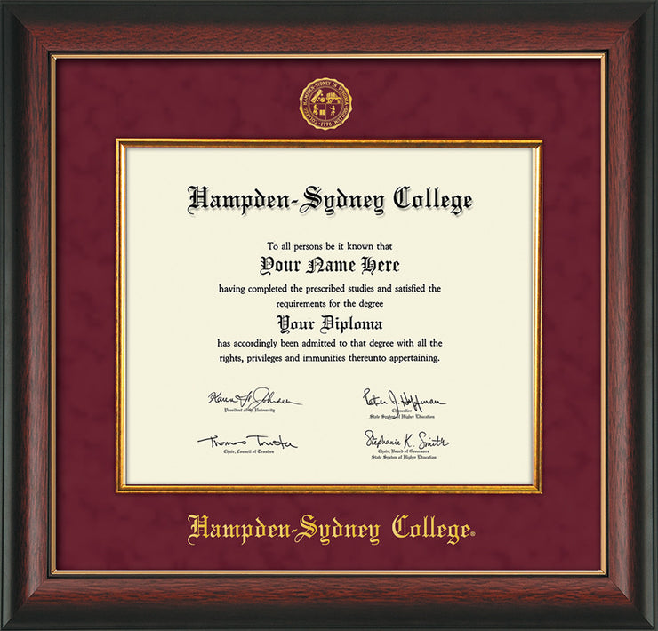 Image of Hampden-Sydney College Diploma Frame - Rosewood w/Gold Lip - w/Embossed HSC Seal & Name - Fillet - Maroon Suede mat