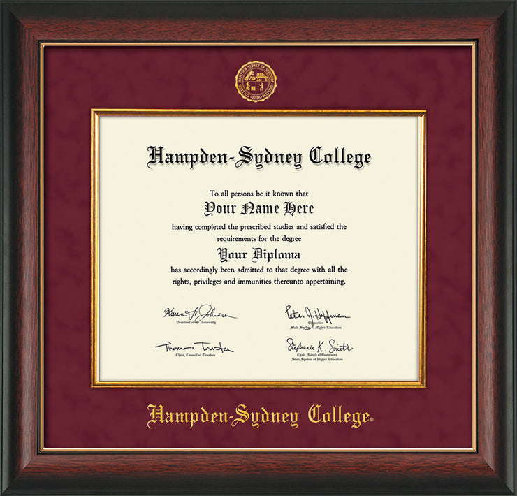 Image of Hampden-Sydney College Diploma Frame - Rosewood w/Gold Lip - w/Embossed HSC Seal & Name - Fillet - Maroon Suede mat