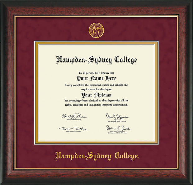Image of Hampden-Sydney College Diploma Frame - Rosewood w/Gold Lip - w/Embossed HSC Seal & Name - Maroon Suede on Gold mat