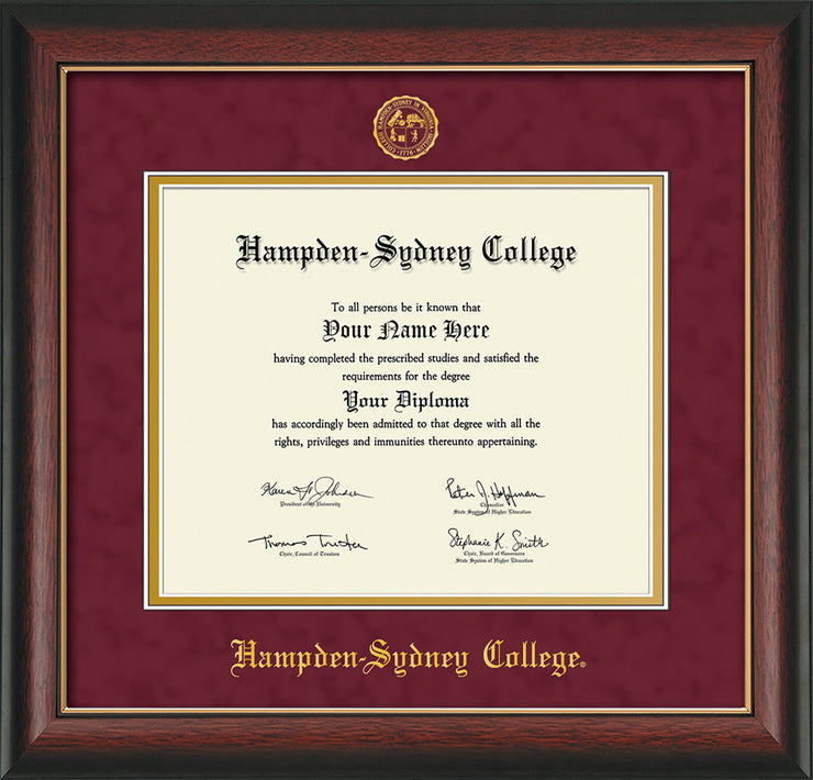 Image of Hampden-Sydney College Diploma Frame - Rosewood w/Gold Lip - w/Embossed HSC Seal & Name - Maroon Suede on Gold mat