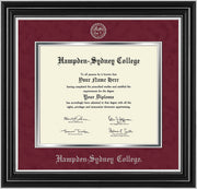 Image of Hampden-Sydney College Diploma Frame - Satin Silver - w/Embossed HSC Seal & Name - Maroon Suede on Silver mat