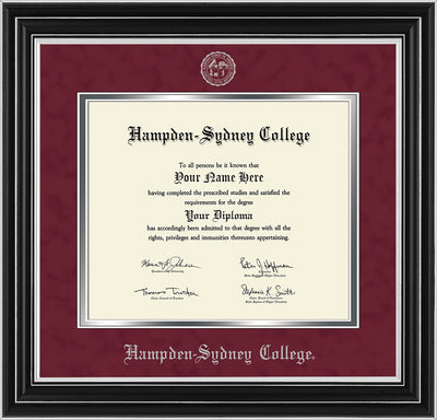 Image of Hampden-Sydney College Diploma Frame - Satin Silver - w/Embossed HSC Seal & Name - Maroon Suede on Silver mat