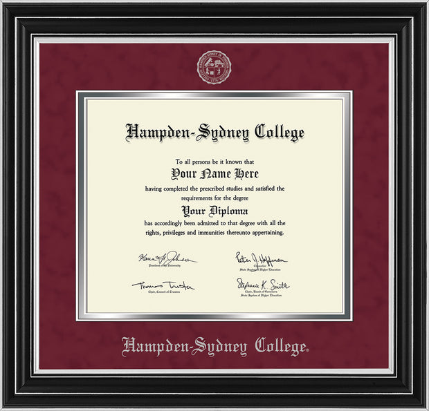 Image of Hampden-Sydney College Diploma Frame - Satin Silver - w/Embossed HSC Seal & Name - Maroon Suede on Silver mat