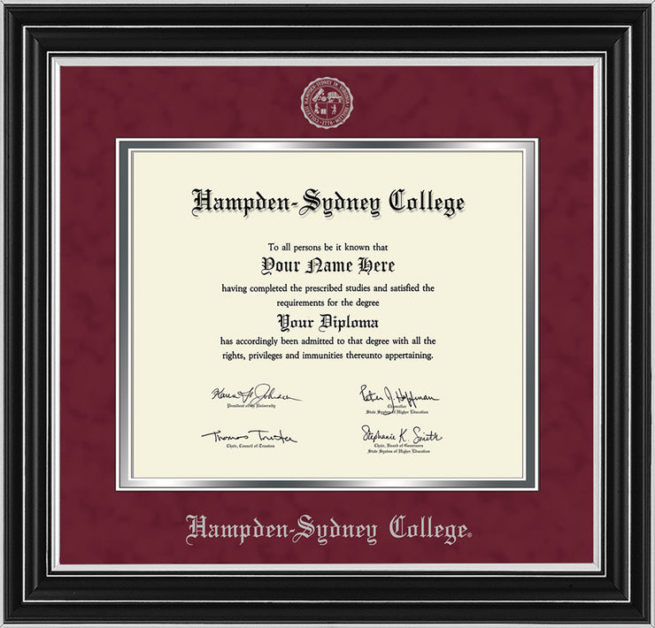 Image of Hampden-Sydney College Diploma Frame - Satin Silver - w/Embossed HSC Seal & Name - Maroon Suede on Silver mat
