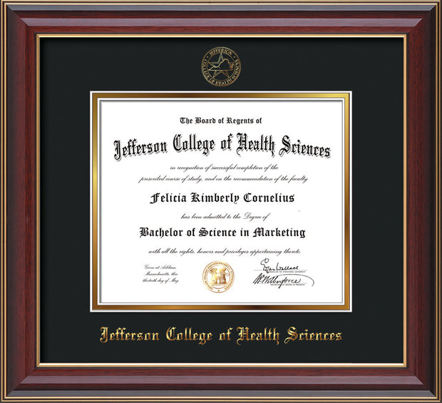 Image of Jefferson College of Health Sciences Diploma Frame - Cherry Lacquer - w/JCHS Embossed Seal & Name - Black on Gold mat