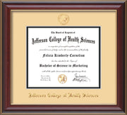 Image of Jefferson College of Health Sciences Diploma Frame - Cherry Lacquer - w/JCHS Embossed Seal & Name - Cream on Black mat