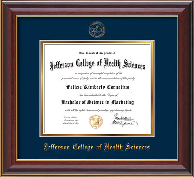 Image of Jefferson College of Health Sciences Diploma Frame - Cherry Lacquer - w/JCHS Embossed Seal & Name - Navy on Gold mat