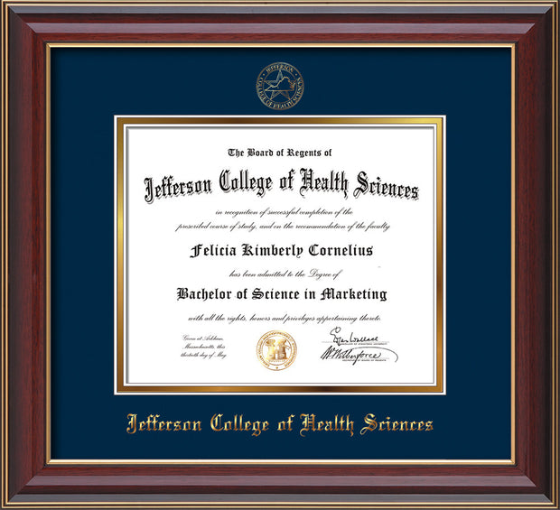 Image of Jefferson College of Health Sciences Diploma Frame - Cherry Lacquer - w/JCHS Embossed Seal & Name - Navy on Gold mat