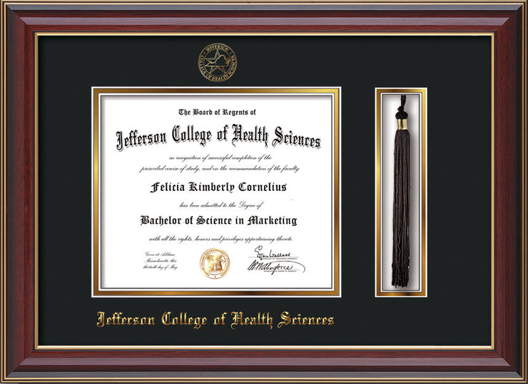 Image of Jefferson College of Health Sciences Diploma Frame - Cherry Lacquer - w/JCHS Embossed Seal & Name - Tassel Holder - Black on Gold mat