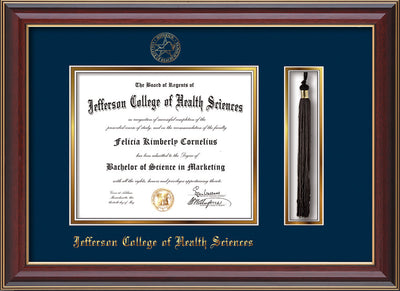 Image of Jefferson College of Health Sciences Diploma Frame - Cherry Lacquer - w/JCHS Embossed Seal & Name - Tassel Holder - Navy on Gold mat