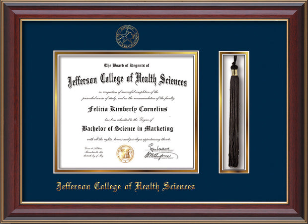 Image of Jefferson College of Health Sciences Diploma Frame - Cherry Lacquer - w/JCHS Embossed Seal & Name - Tassel Holder - Navy on Gold mat