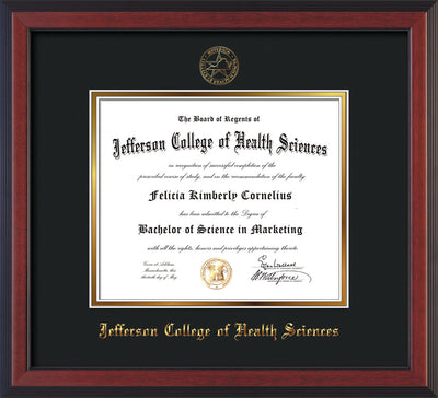 Image of Jefferson College of Health Sciences Diploma Frame - Cherry Reverse - w/JCHS Embossed Seal & Name - Black on Gold mat