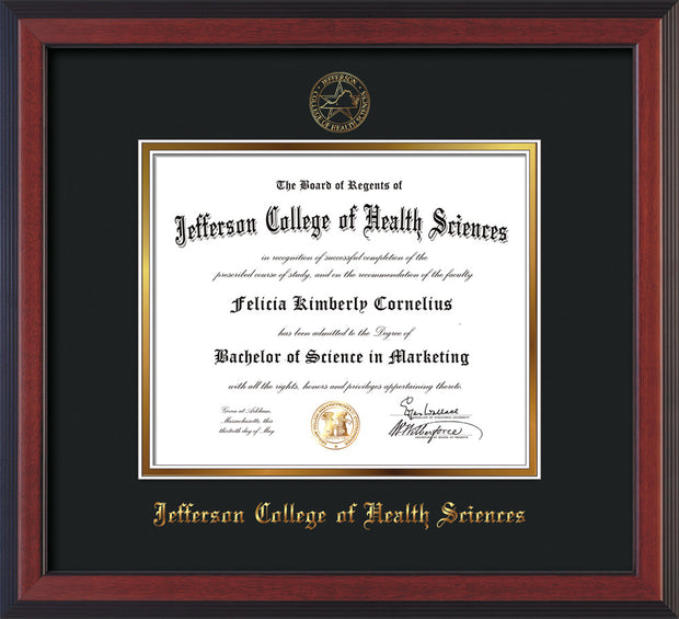 Image of Jefferson College of Health Sciences Diploma Frame - Cherry Reverse - w/JCHS Embossed Seal & Name - Black on Gold mat