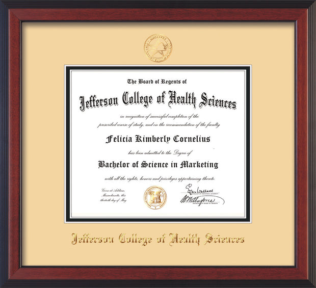 Image of Jefferson College of Health Sciences Diploma Frame - Cherry Reverse - w/JCHS Embossed Seal & Name - Cream on Black mat