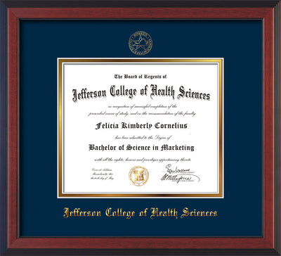 Image of Jefferson College of Health Sciences Diploma Frame - Cherry Reverse - w/JCHS Embossed Seal & Name - Navy on Gold mat
