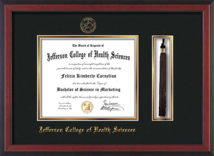 Image of Jefferson College of Health Sciences Diploma Frame - Cherry Reverse - w/JCHS Embossed Seal & Name - Tassel Holder - Black on Gold mat