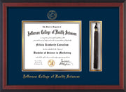 Image of Jefferson College of Health Sciences Diploma Frame - Cherry Reverse - w/JCHS Embossed Seal & Name - Tassel Holder - Navy on Gold mat