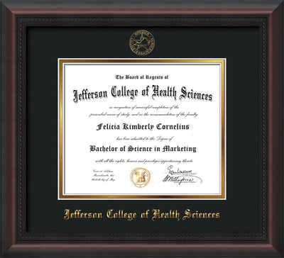 Image of Jefferson College of Health Sciences Diploma Frame - Mahogany Braid - w/JCHS Embossed Seal & Name - Black on Gold mat