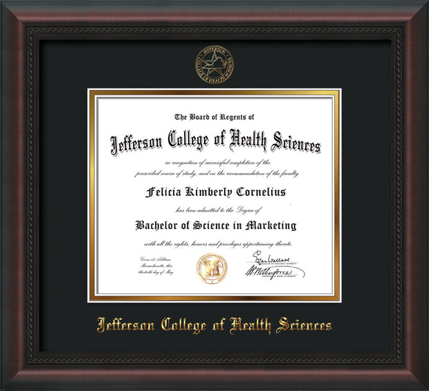 Image of Jefferson College of Health Sciences Diploma Frame - Mahogany Braid - w/JCHS Embossed Seal & Name - Black on Gold mat