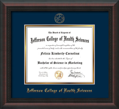 Image of Jefferson College of Health Sciences Diploma Frame - Mahogany Braid - w/JCHS Embossed Seal & Name - Navy on Gold mat