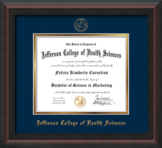 Image of Jefferson College of Health Sciences Diploma Frame - Mahogany Braid - w/JCHS Embossed Seal & Name - Navy on Gold mat