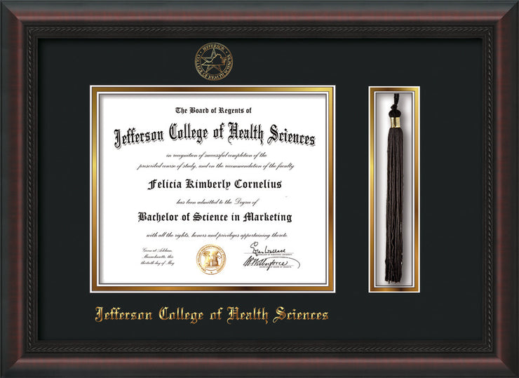 Image of Jefferson College of Health Sciences Diploma Frame - Mahogany Braid - w/JCHS Embossed Seal & Name - Tassel Holder - Black on Gold mat