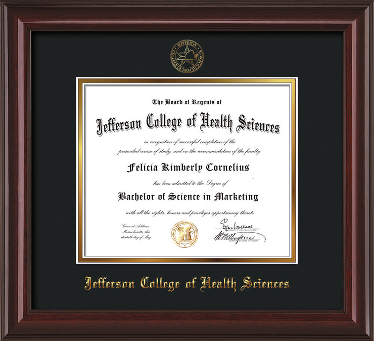 Image of Jefferson College of Health Sciences Diploma Frame - Mahogany Lacquer - w/JCHS Embossed Seal & Name - Black on Gold mat