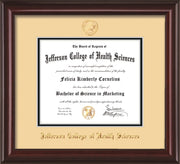 Image of Jefferson College of Health Sciences Diploma Frame - Mahogany Lacquer - w/JCHS Embossed Seal & Name - Cream on Black mat