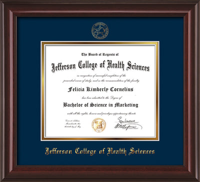 Image of Jefferson College of Health Sciences Diploma Frame - Mahogany Lacquer - w/JCHS Embossed Seal & Name - Navy on Gold mat