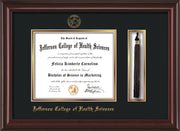 Image of Jefferson College of Health Sciences Diploma Frame - Mahogany Lacquer - w/JCHS Embossed Seal & Name - Tassel Holder - Black on Gold mat