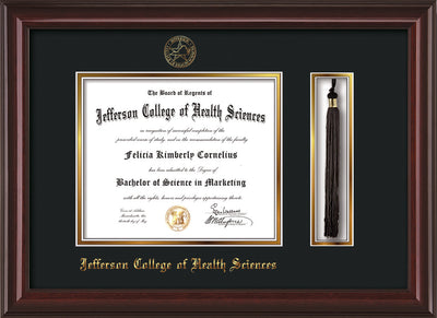 Image of Jefferson College of Health Sciences Diploma Frame - Mahogany Lacquer - w/JCHS Embossed Seal & Name - Tassel Holder - Black on Gold mat