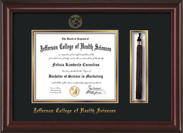 Image of Jefferson College of Health Sciences Diploma Frame - Mahogany Lacquer - w/JCHS Embossed Seal & Name - Tassel Holder - Black on Gold mat