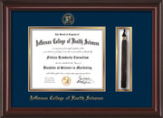 Image of Jefferson College of Health Sciences Diploma Frame - Mahogany Lacquer - w/JCHS Embossed Seal & Name - Tassel Holder - Navy on Gold mat