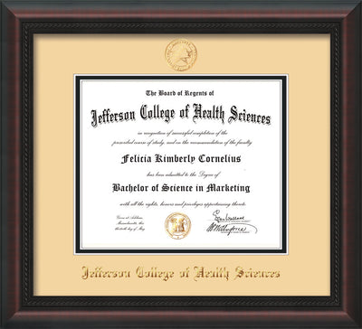 Image of Jefferson College of Health Sciences Diploma Frame - Mahogany Braid - w/JCHS Embossed Seal & Name - Cream on Black mat