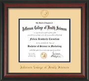 Image of Jefferson College of Health Sciences Diploma Frame - Rosewood - w/JCHS Embossed Seal & Name - Cream on Black mat