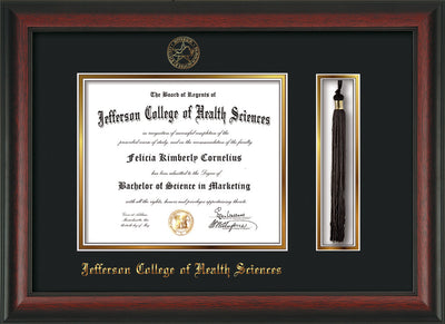 Image of Jefferson College of Health Sciences Diploma Frame - Rosewood - w/JCHS Embossed Seal & Name - Tassel Holder - Black on Gold mat