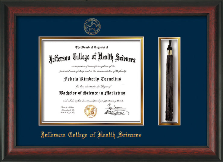 Image of Jefferson College of Health Sciences Diploma Frame - Rosewood - w/JCHS Embossed Seal & Name - Tassel Holder - Navy on Gold mat