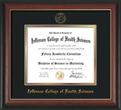 Image of Jefferson College of Health Sciences Diploma Frame - Rosewood w/Gold Lip - w/JCHS Embossed Seal & Name - Black on Gold mat