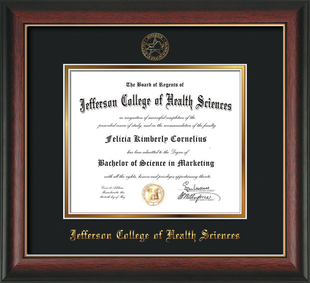 Image of Jefferson College of Health Sciences Diploma Frame - Rosewood w/Gold Lip - w/JCHS Embossed Seal & Name - Black on Gold mat