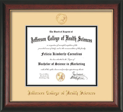 Image of Jefferson College of Health Sciences Diploma Frame - Rosewood w/Gold Lip - w/JCHS Embossed Seal & Name - Cream on Black mat