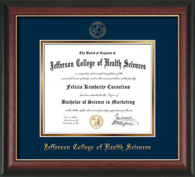 Image of Jefferson College of Health Sciences Diploma Frame - Rosewood w/Gold Lip - w/JCHS Embossed Seal & Name - Navy on Gold mat