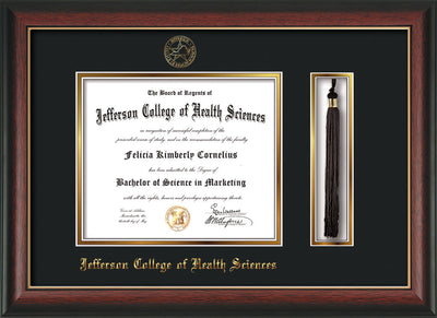 Image of Jefferson College of Health Sciences Diploma Frame - Rosewood w/Gold Lip - w/JCHS Embossed Seal & Name - Tassel Holder - Black on Gold mat