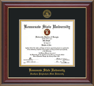 Image of Kennesaw State University Diploma Frame - Southern Polytechnic State Univeristy - Cherry Lacquer- with KSU Seal - and SPSU Name - Black on Gold mat
