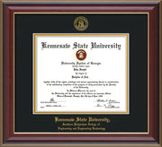 This is a Kennesaw State University Diploma Frame - Southern Polytechnic College of Engineering - Cherry Lacquer- with KSU Seal - and SPC Engineering Name - Black on Gold mat