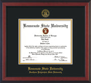 Image of Kennesaw State University Diploma Frame - Southern Polytechnic State Univeristy - Cherry Reverse - with KSU Seal - and SPSU Name - Black on Gold mat
