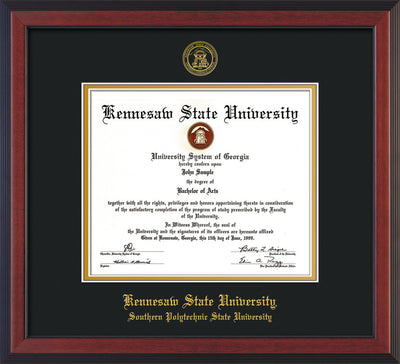 Image of Kennesaw State University Diploma Frame - Southern Polytechnic State Univeristy - Cherry Reverse - with KSU Seal - and SPSU Name - Black on Gold mat