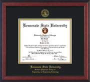 Image of Kennesaw State University Diploma Frame - Southern Polytechnic College of Engineering - Cherry Reverse - with KSU Seal - and SPC Engineering Name - Black on Gold mat